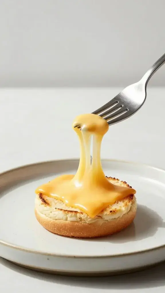 Serving moment: a tasting bite of a slider on a ceramic plate being picked up with a fork, gooey cheese pull, crisp bun bottom, soft daylight, clean backdrop