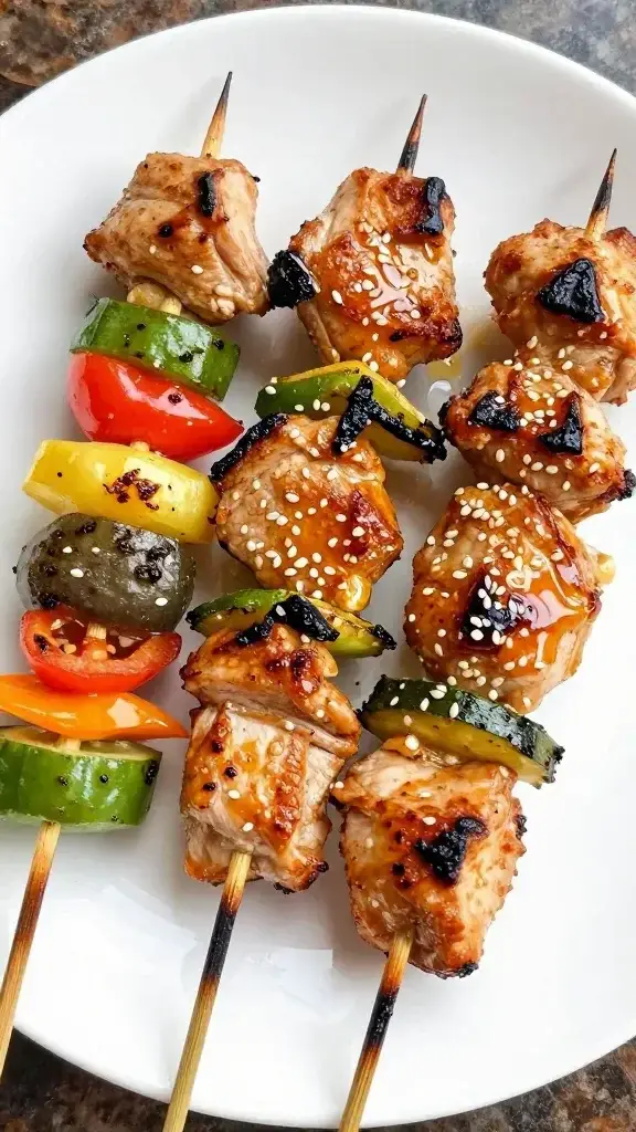Final plated dish: Brightly grilled chicken skewers arranged on a white porcelain plate with a honey glaze, colorful veggie skewers, and a sprinkle of sesame seeds, crisp edges glowing, natural daylight