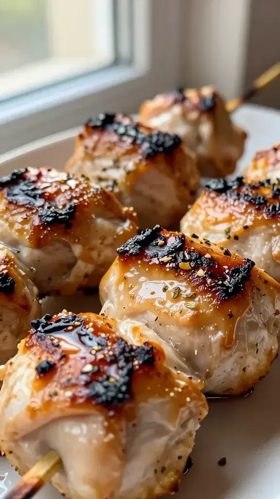 Close-up texture detail: Juicy grilled chicken skewers with charred grill marks, caramelized glaze glaze catching light, flakes of herbs on top, shallow depth of field, soft window light