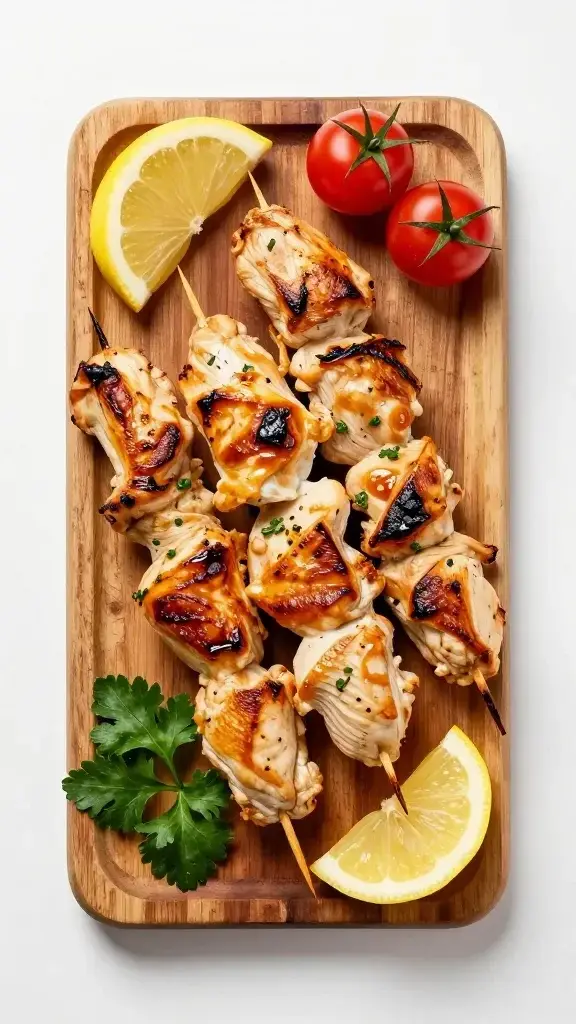 Overhead/top-down shot: Assorted grilled chicken skewers on a rustic wooden board with lemon wedges, cherry tomatoes, and fresh parsley, clean background, vibrant colors