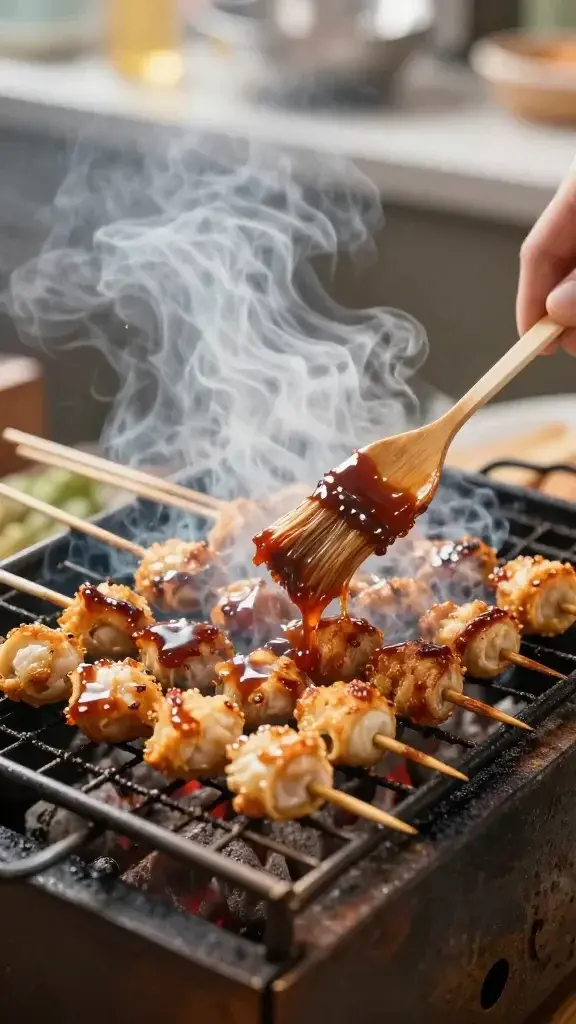 Cooking process shot: Skewers being brushed with BBQ glaze mid-grill, sizzling on a hot grill with visible steam, golden crust forming, bright kitchen light