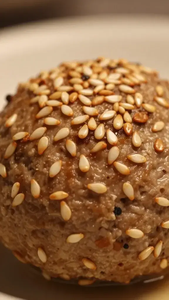 Close-up detail of a single meatball cut open to reveal juicy interior, golden crust, sesame seeds on top, shallow depth of field, warm kitchen light