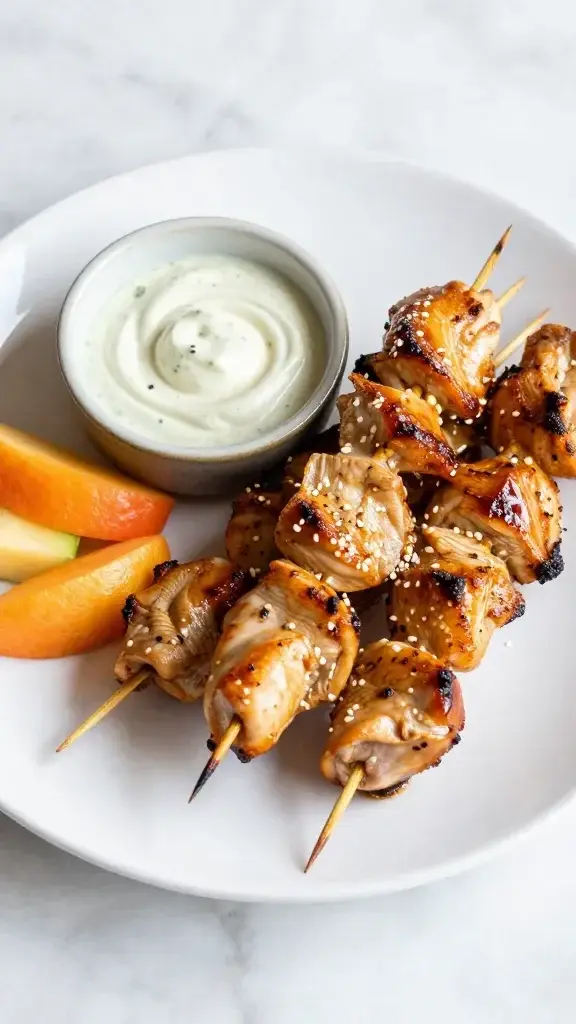 Serving moment: Skewers plated with a side of dipping sauce in a small ceramic bowl and colorful fruit garnish, inviting palate cues, white plate on marble surface